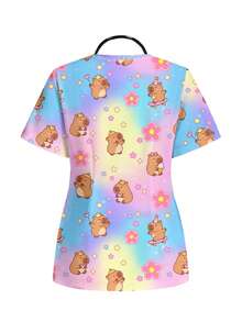 PopScrub Casual Minimalist Scrub Scrub Uniform Top With Capybara Print Pattern, Cute Style, Suitable For Work Commute And Pet Hospital - Multicolor - View 2