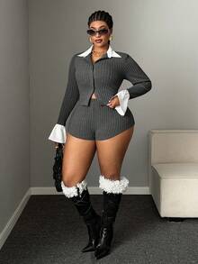Maweii European & American Style Grey Slim Fit Cropped Patchwork 2 In 1 Knit Cardigan Long Sleeve Jacket & Shorts Plus Size 2 Pieces Set - Grey - View 3