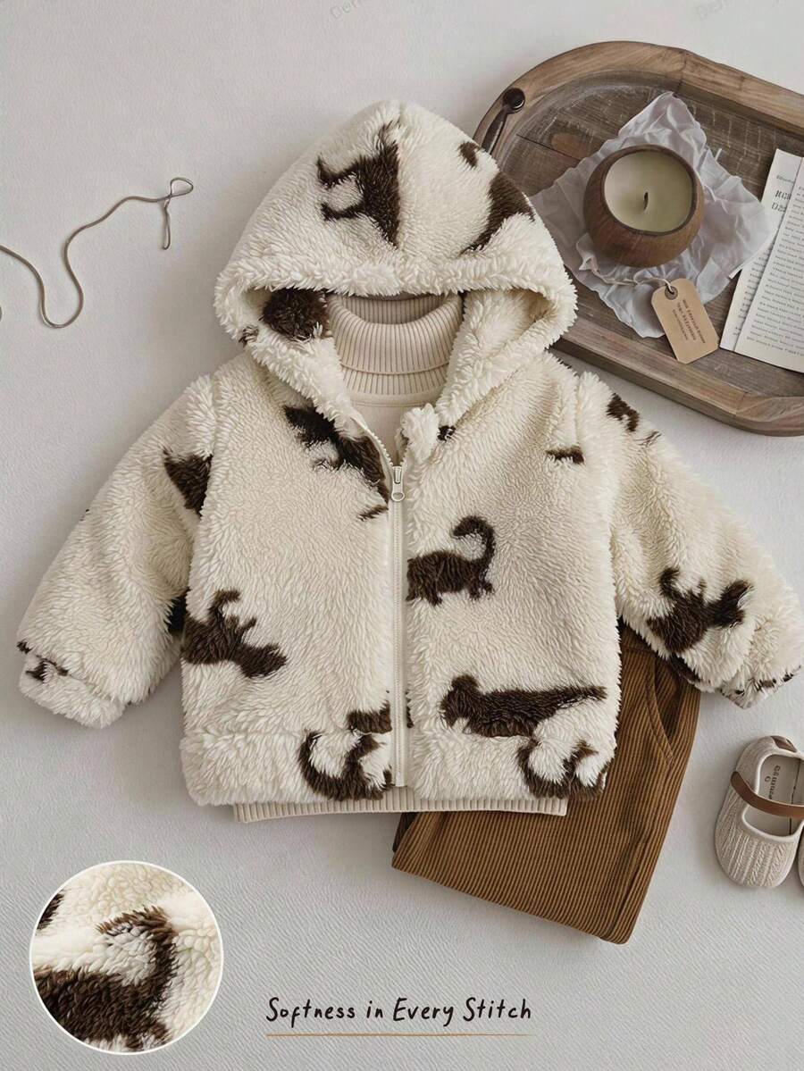 Cozy Pixies 新生兒男嬰女嬰卡通恐龍動物圖案抓絨內裡加厚拉鍊長袖外套,百搭舒適 - 米色 - 查看 1