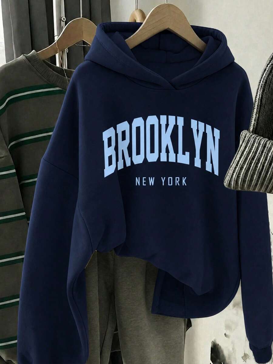Sweatshirt Longgar Tebal Berkerudung Lengan Panjang Minimalis Kasual untuk Remaja Perempuan, Cocok untuk Musim Gugur/Dingin - Biru - View 1