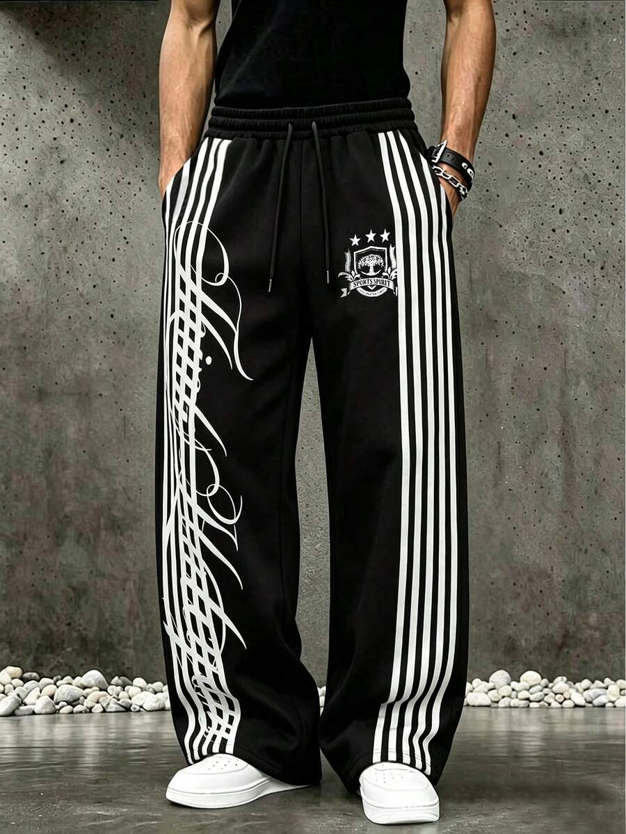 ROMWE MEN Street Life Men's Casual Loose Sweatpants With Side Stripes And Drawstring Waist - Black - View 1