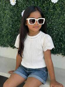 SHEIN LMoss Kids LMoss Young Girl Knitted Solid Color Round Neck Lace Ruffle Trim Fitted T-Shirt - White - View 3