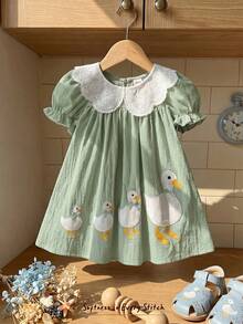 Cozy Pixies Baby Girl Floral Print Peter Pan Collar Puff Sleeve Dress - Mint Green - View 6
