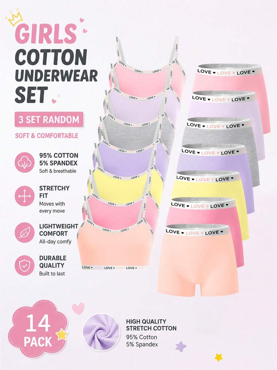 7 Sets Random 3-Piece Set Tween Girls Simple Basic Solid Color Letter Contrast Camisole Tank Top & Shorts Underwear Set - Multicolor - View 1