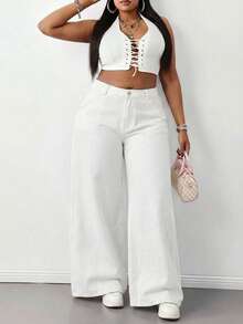 SHEIN Tall CURVE Plus Size Women Loose Fit Pockets Wide Leg Casual Jeans - White - View 6