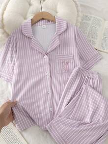 青少年女孩愛心刺繡口袋經典條紋開襟翻領短袖長褲休閒居家服套裝 - 彩色 - 查看 5