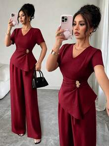 Selianne Women's V-Neck Waist-Cinching Asymmetrical Hem Metal Buckle Short Sleeve Top Straight Leg Pants 2 Pieces Set Summer Elegant Dinner Office Burgundy - Red - View 1