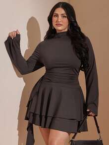 SHEIN BAE CURVE Plus Size Women's Brown Ruffle Elegant Dress,Autumn/Winter Solid Color Long Sleeve Women's Layering Mini Dress With Ruffle Hem, Built-In Chest Pads - Brown - View 7