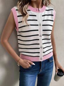 SHEIN Franclia Women's Plus Size Striped Round Neck Casual Versatile Sweater Vest Contrast Color Design Button Front Cardigan Winter - Pink - View 3