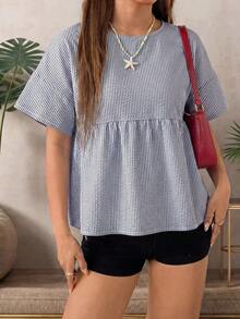 SHEIN EZwear 條紋短袖大尺碼女款襯衫 - 藏蓝色 - 查看 8