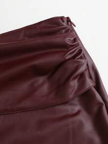 Sweetra Women's Summer Faux Leather Pleated Skirt With Metal Decor - Burgundy - View 3