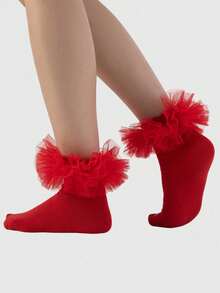 ROMWE Kawaii Women's Medium Tube Socks With Ruffled Edges, Lace Ruffles - Red A6 - View 4