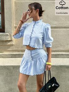 Siren Gaze Women's Colorblock Striped Button-Up Shirt And Ruffle Hem Mini Skirt 2 Pieces Set - Blue and White - View 11