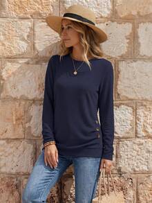 EMERY ROSE Camiseta De Manga Larga De Cuello Redondo Para Mujer Con Detalles De Botones En El Dobladillo - Azul Marino - Ver 3