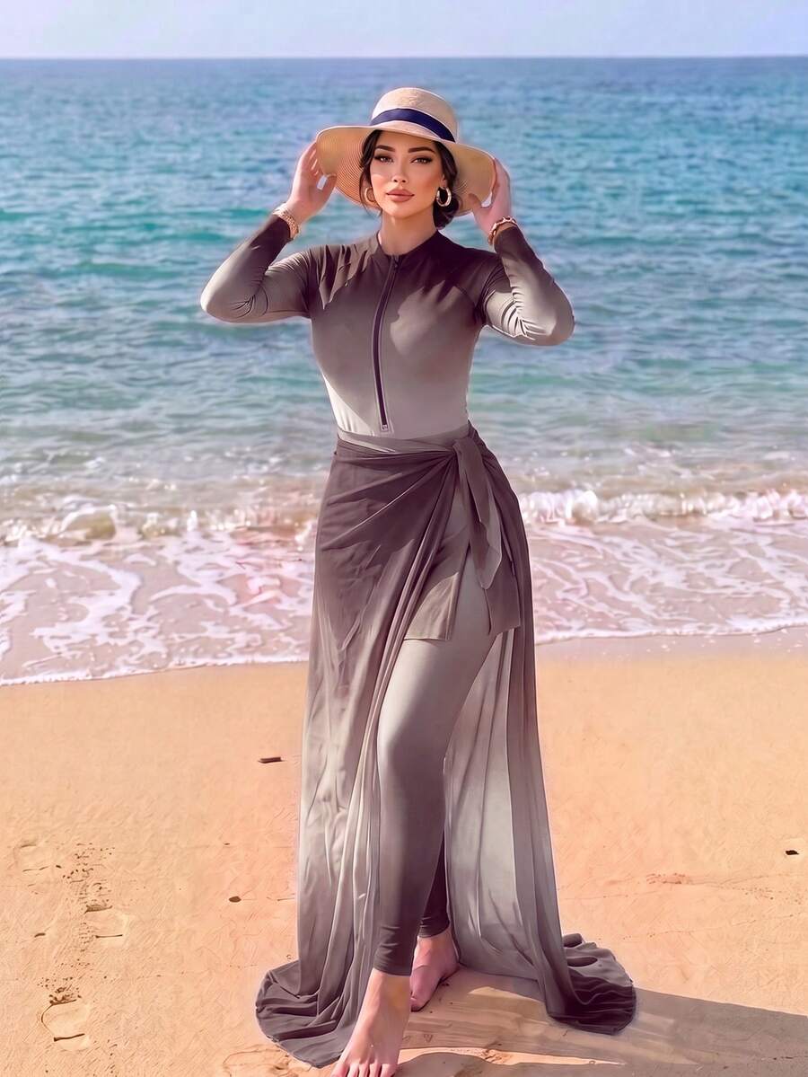 Swim Shayni 漸層色保守優雅女款度假泳裝套裝 - 咖啡棕 - 查看 1