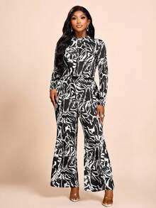 Brilight Women's Casual Sexy Printed Round Neck Long-Sleeved Top + Flared Pants Suit, Simple And Casual, Suitable Night Out Going Out Black And White Autumn - Black - View 5