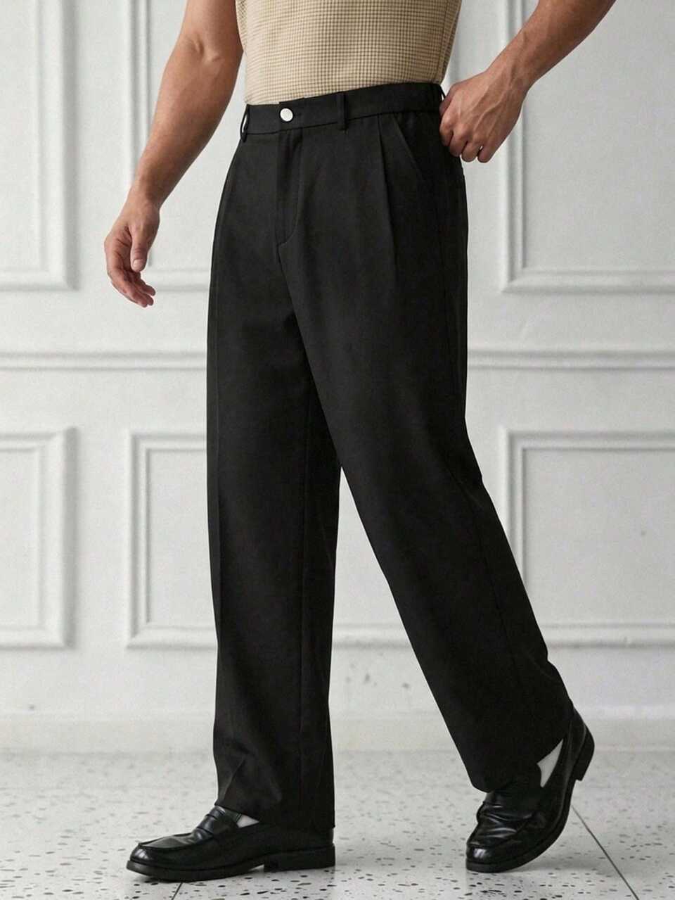 Men's Black Straight Leg Regular Waist Commuter Dress Pants, Spring/Autumn