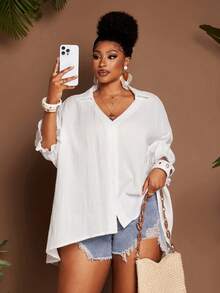 SHEIN CURVE+ Plus Size Elegant Casual Loose White Silky Blouse, Sommar Smart Women's Shirt With Lantern Sleeve Turndown Collar, Simple Vacation Business Summer - White - View 6