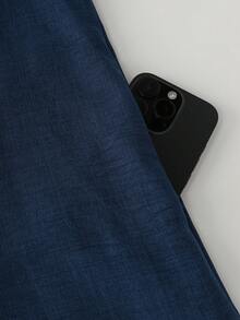 LUMIGAL Gaun Panjang Longgar Wanita Warna Polos dengan Lengan Lentera dan Saku, Model Bahu Terbuka - Navy Blue - View 3