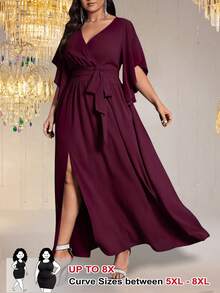 SHEIN CURVE+ 大码女式纯色修身V领喇叭袖系带腰部褶饰开衩优雅派对长裙 - 中紫紅色 - 查看 3