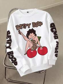 Betty Boop x SHEIN 女士休闲字母和图案圆领卫衣，秋季款 - 白色 - 查看 1