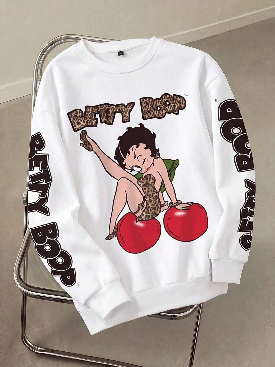 Betty Boop x SHEIN 女士休闲字母和图案圆领卫衣,秋季款 - 白色 - 查看 1