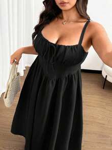 SHEIN CURVE+ 大码女士优雅纯色前系蝴蝶结吊带长款沙滩连衣裙，适合海滩、度假、派对、约会、音乐节、春夏穿着，百搭设计 - 黑色 - 查看 4