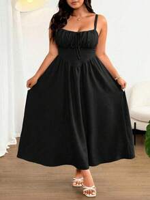 SHEIN CURVE+ 大码女士优雅纯色前系蝴蝶结吊带长款沙滩连衣裙，适合海滩、度假、派对、约会、音乐节、春夏穿着，百搭设计 - 黑色 - 查看 7