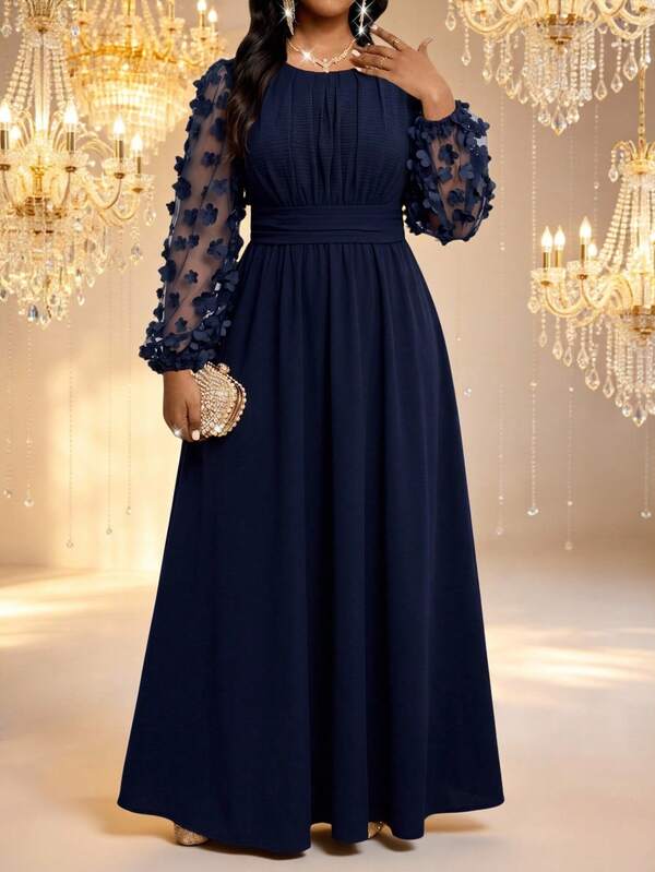 Fleurora Plus Size Women's Elegant Dress With 3D Floral Decor And Mesh Lantern Sleeves Wedding Formal Mother Of The Bride Navy Blue Summer
