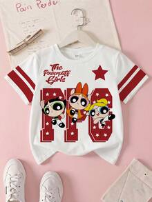 THE POWERPUFF GIRLS X SHEIN 女童夏季休閒卡通印花短袖T恤 - 白色 - 查看 1