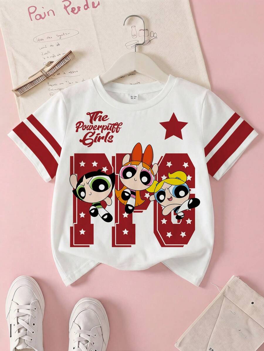 THE POWERPUFF GIRLS X SHEIN 女童夏季休閒卡通印花短袖T恤 - 白色 - 查看 1