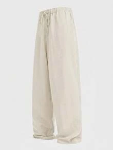 EASEVO Men's Plus Size Solid Color Drawstring Waist Pocket Wide Leg Loose Fit Long Pants - Beige - View 2