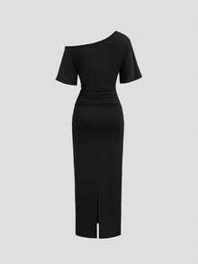 Sweetra New European And American Spring/Summer Fashion Sexy Open Shoulder Slim Fit Flattering Hemline Daily Commute Casual Date Versatile Solid Color Dress For Women - Black - View 2