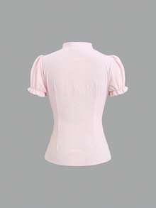 Sweetra French Romantic Elegant Girl Style Soft Light Pink Textured Ruffle Waist Blouse, V-Neck Puff Sleeve Design, Daily Fashion Brunch Tea Party Summer - Pink - View 2