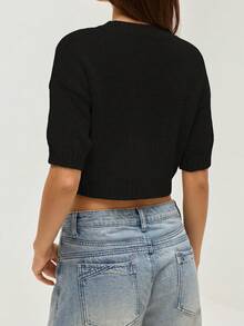 SHEIN Orluneo Nuevo suéter de punto con mangas cortas y cuello redondo para una apariencia elegante - Negro - Ver 4