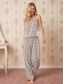Amorya Women's Bubble Crinkle Striped Cherry Print Camisole & Pants Pajama Set - Coffee Brown - View 3