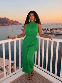 Slaydiva Plus Size Solid Color Halter Neck Jumpsuit For Vacation And Casual Wear - Green - View 3