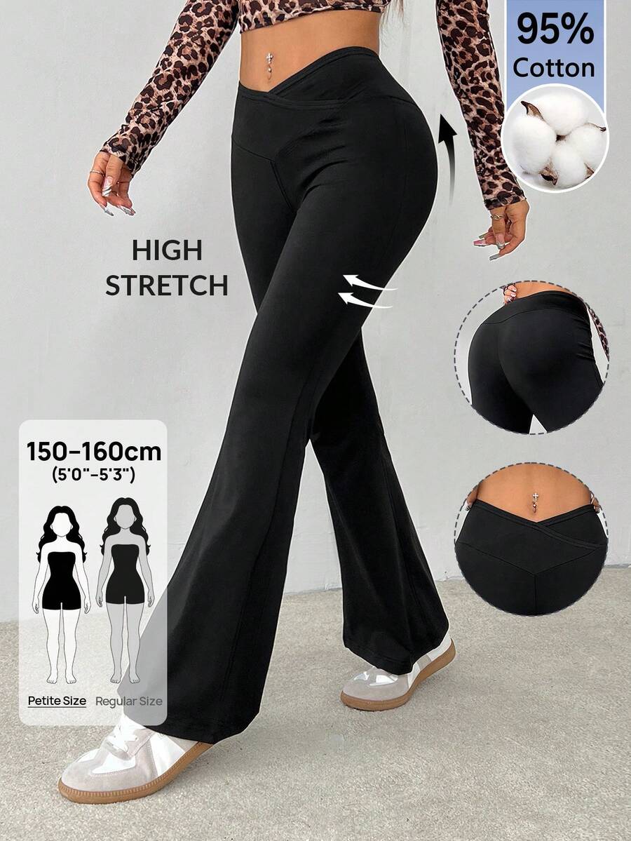 SHEIN PETITE 簡約純色包腰高腰喇叭褲 - 黑色 - 查看 1
