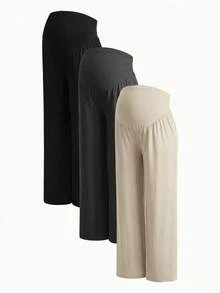 Modmama Pantalones largos de pierna ancha casuales de unicolor con cintura ajustable para maternidad, otoño - Multicolor - Ver 14