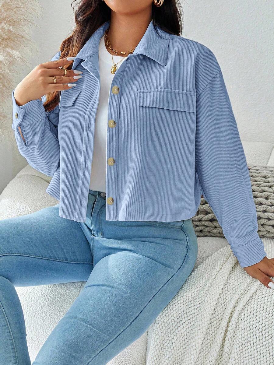 SHEIN LUNE Plus Size Casual Smart Casual Versatile Solid Color Cropped Jacket Office Fall - Baby Blue - View 1