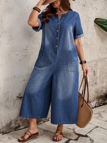 EMERY ROSE EMERY ROSE Plus Size Fashion Versatile Button Pocket Loose Denim Cropped Jumpsuit - Dark Wash - View 6