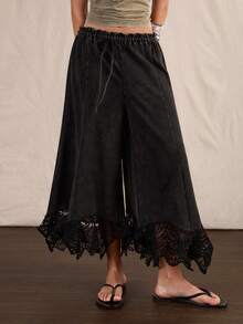 Easelle Vintage Boho Low Waist Lace Patchwork Wide Leg Snow Wash Women's Long Pants Vacation Black Summer - Grey - View 4