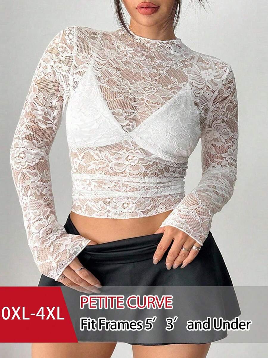 SHEIN PETITE 大尺碼女款性感緊身透視蕾絲長袖圓領日常簡約修身高彈力春夏秋冬半高領白色短版T恤上衣度假風 - 白色 - 查看 1