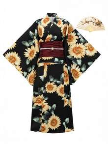 Irokai 日式傳統和服夏季祭典向日葵花卉圖案女款夏季改良兩件式浴衣套裝 - 黑色 - 查看 5