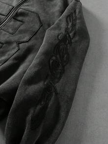 ROMWE MEN Men's Heavyweight Vintage Washed Patchwork Embroidered Letter Graphic Hooded Sweatshirt - Black - View 8