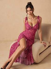 HautHeat Women's Leopard Print Patchwork Ruffle Hem Slit Sexy Loungewear Dress - Hot Pink - View 7