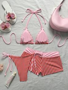 Swim Mod 女款春夏新款波點印花蝴蝶結裝飾V領掛脖露背三角比基尼套裝，含綁帶三角比基尼褲與低腰比基尼褲，3件組 - 彩色 - 查看 6