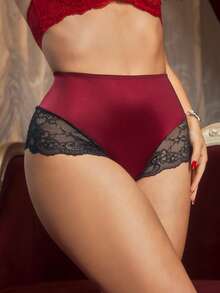 PinupPomp 1pc Plus Size Women's Triangle Panties, Shiny Fabric & Contrast Lace - Multicolor - View 5