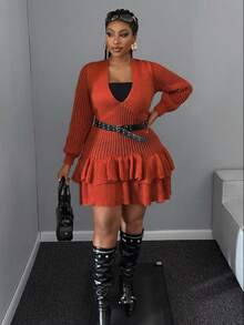Maweii Halloween Plus Size Sweater Dresses Winter - Orange - View 1
