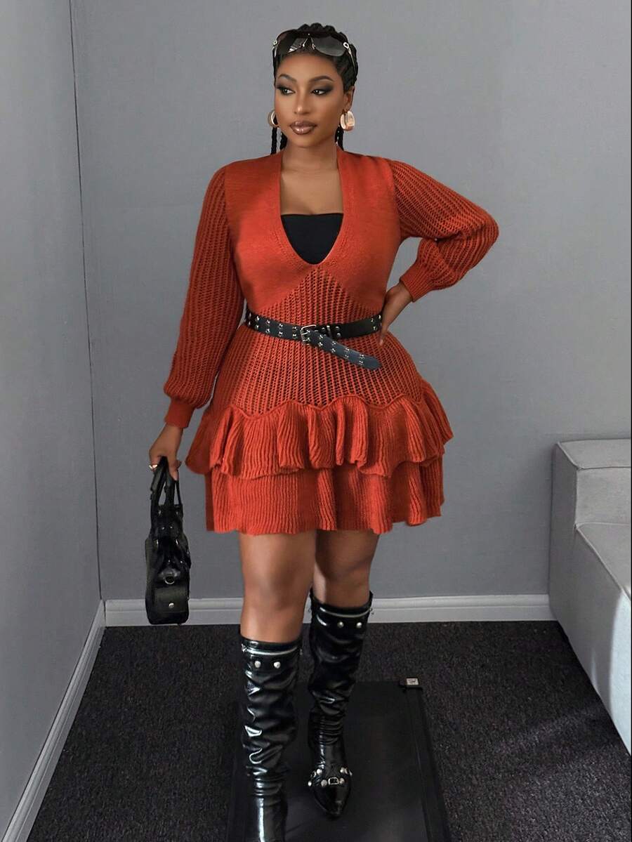 Maweii Halloween Plus Size Sweater Dresses Winter - Orange - View 1